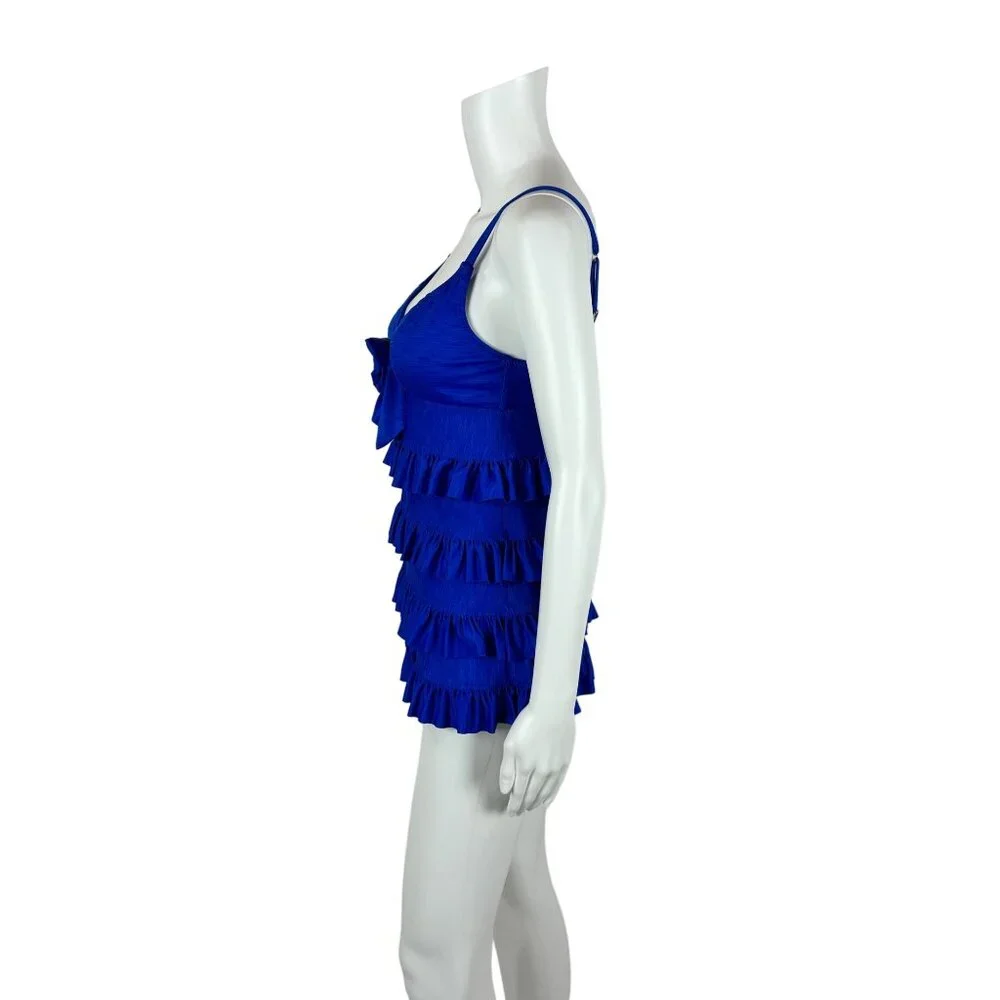 Betsey Johnson Tankini Top Womens Small 00s Royal Blue Bow Ruffle Swimsuit Swim